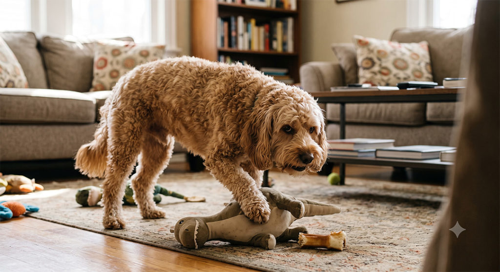 A cockapoo resources guards a toy in a family home